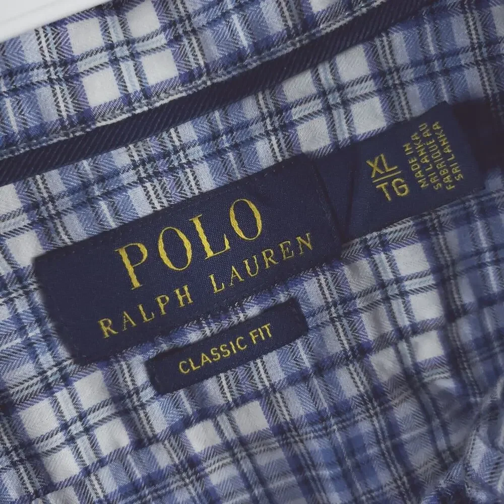 Polo Ralph Lauren Shirt Men XL Blue White Plaid Classic Fit Long Sleeve